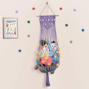 lot 15829 image: Stuffed Animal Storage Net, 63���� Jumbo Stuffed Animal Hammock Corner Wall Ceiling Over Door Hanging Toy Hammock Organizer, Purple Boho Macrame Plushie Toy Net w LED Lights for Baby Boys Girls Gift - Retail $17