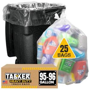 lot 15836 image: Tasker 95-100 Gallon Clear Trash Bags Heavy Duty  25 Bags  Extra Large 96 Gallon Trash Bags Large Clear Can Liners, Large 90 Gal, 95 Gal, 96 Gal,100 Gallon Heavy Duty Trash Can Liners - Retail $38