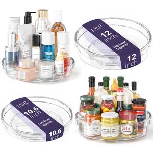 lot 15837 image: LAMU 4 Pack Lazy Susan Organizer, Clear Lazy Susan Turntable for Cabinet, Refrigerator, Table Top, Kitchen, Bathroom, Pantry Organizers and Storage, 2 Sizes Included 12in, 10.6in - Retail $30