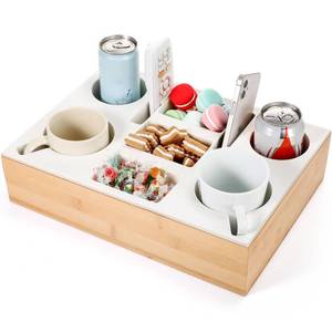 lot 15839 image: Yerliker Couch Cup Holder Tray, Silicone Couch Caddy Waterproof Anti-spill Sofa Cup Holder for Sofa Bed Car Seat Organizer, Christmas Hold Mugs, Drinks, Snacks, Phones, Remotes(White,Bamboo) - Retail $31