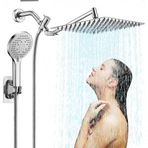 lot 15853 image: 10 inch Rainfall Shower Head Combo Stainless Steel, THE FIRST WATERFALL mode, 10 Inch Rain Shower Head with Handheld 6 Spray Modes High Pressure, Overhead Shower Adjustable Extension Arm,Chrome - Retail $28