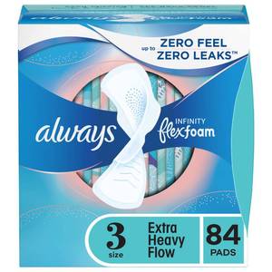 lot 15861 image: Always Infinity Feminine Pads for Women, Flexfoam Pads with Wings, Size 3, Extra Heavy Absorbency, Unscented, 84 Count (3 Packs of 28) - Retail $27