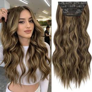 lot 16126 image: KooKaStyle Clip in Synthetic Highlight Hair Extensions Long Wavy 4PCS Thick Hairpieces Balayage Chocolate Brown to Caramel Blonde Fiber Double Weft Natural Hair Extensions 20 Inch for Women - Retail $25
