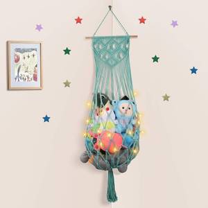 lot 16128 image: Stuffed Animal Storage Hammock, 63 Jumbo Boho Macrame Corner Toy Hammock Wall Hanging Net Holder for Nursery Teddy Plushie, Turquoise Plush Toy Net with Star Light for Baby Boys Girls Gift - Retail $17