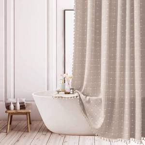 lot 16144 image: Farmhouse Plaid Shower Curtain - Boho Checkered Splicing Fabric Shower Curtains for Bathroom, Vintage Chic Cottagecore Thick Bathroom Curtain Set with Tassel - Bohemian Cloth Shower Curtain 72x72, Tan - Retail $28