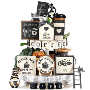lot 16145 image: Mifoci 17 Pcs Coffee Tiered Tray Decorations Wooden Coffee Bar Decor Farmhouse Bar Accessories Gnome Wooden Table Sign for Table Kitchen Winter Valentines Gift - Retail $13