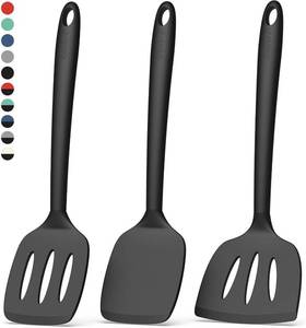 lot 16164 image: Coukre Silicone Spatula Set of 3, High Heat Resistant, BPA-Free, Kitchen Utensils, Fish Spatula, Solid & Slotted Turner for Non-Stick Pans, Flipping Eggs, Pancakes, Fish, Burgers (3, PureBlack) - Retail $14