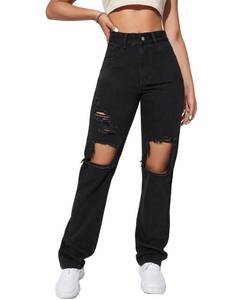 lot 16172 image: SweatyRocks Womens Casual Loose Ripped Denim Pants Distressed Wide Leg Jeans Black L - Retail $49