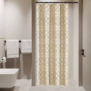 lot 16174 image: Siiluminisoy Small Stall Boho Shower Curtain CreamBeige Tassle Woven Fabric Shower Curtain 36 x 72 Half Size Tufted Chevron Striped Textured Modern Farmhouse Minimalist Cloth for Bathroom - Retail $66