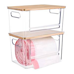 lot 17158 image: Hiitytin 2 PCS Trash Bag Holder Dispenser Under Sink, Extra Large Garbage Bag Holder Organizer with Bamboo Top & Handles - Retail $36