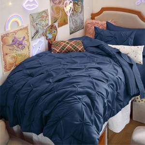 lot 17160 image: Bedsure Twin XL Comforter Set - Extra Long 5 Pieces Dorm Bedding Sets, GentleSoft�� Pinch Pleat Navy Blue Bed in a Bag with Pintuck Comforter, Sheets, Pillowcase & Sham - Retail $50