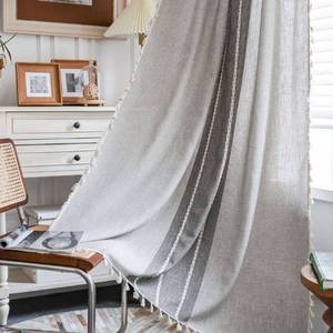 lot 17164 image: Colorigan Boho Semi Blackout 63 84 96 Inches Length 2 Panels Set Farmhouse Window Curtains with Tassels, Striped Embroidered Rustic Cotton Linen Long Bohemian Curtain Drapes for Living Room, Bedroom - Retail $44