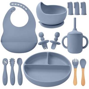 lot 17170 image: LITTLE RAWR Silicone Baby Feeding Set 14 Pcs,Baby Led Weaning Supplies, Baby Spoons Suction Bowl Divided Plate Bib Cup Finger Brush,First Stage Solid Food Eating Utensils - 6 Months(Blue Gray) - Retail $26