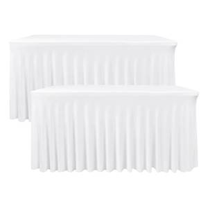 lot 17181 image: Nasitos White Table Skirt for 8 Foot Rectangle Tables, 2 Pack - 96 x 30 Inch - Stretch Spandex Fitted Table Clothes, Fabric Table Covers Cocktail Tablecloths for Party, Banquet, Birthday - Retail $40