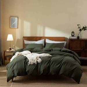 lot 17183 image: Dark Green Duvet Cover Queen, 100% Washed Cotton Linen Like Textured 3 Pieces Bedding Set, Solid Color Simple Style Luxury Relaxed Feel Natural Wrinkled Breathable Soft Comfy (Dark Green, Queen) - Retail $56