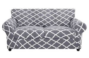 lot 17184 image: SearchI Stretch Sofa Cover Printed Couch Cover, Floral Pattern 3 Pieces Loveseat Slipcover with 2 Separate Cushion Cover, Washable Furniture Protector for Living Room(Loveseat, GrayWhite) - Retail $38