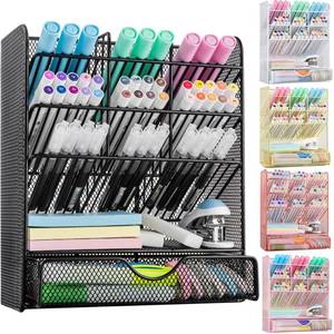 lot 17187 image: Spacrea Metal Pen Organizer, Pencil Holder for Desk, Desk Organizer with Drawer for School, Home, Art Supplies (Black) - Retail $17