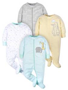 lot 18270 image: Gerber Unisex Baby 4 Pack Sleep N Play Footie Animals Green Newborn - Retail $26