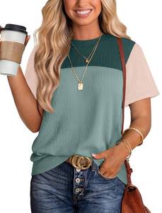 lot 18279 image: WIHOLL Ladies Tops and Blouses Color Block Ribbed Shirts Going Out Tops for Women Crewneck Womens Spring Fashion 2025 Green 2XL&nbsp
