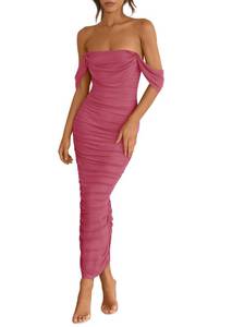 lot 18283 image: PRETTYGARDEN Womens 2025 Summer Off The Shoulder Dress Ruched Bodycon Sleeveless Split Cocktail Party Maxi Dresses (Dark Pink,X-Large) - Retail $50