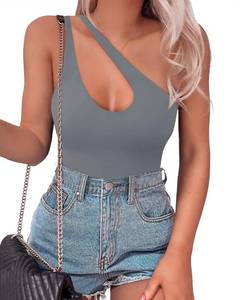 lot 18285 image: SAUNGKUAI Womens Sexy One Shoulder Sleeveless Cutout Thong Bodysuit Tank Top Body Suits V Backless Tummy Control Shapewear Grey Large - Retail $28