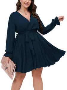 lot 18294 image: SCOMCHIC Womens Plus Size Long Sleeve Wrap V Neck Tie Waist A Line Mini Dress Lake Blue - Retail $40