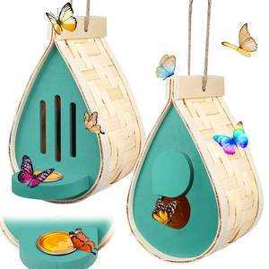 lot 19483 image: 2 Pcs Butterfly House and Feeder, Wooden Hanging Butterfly House for Garden, Natural Butterfly Habitat with Butterfly Puddler for Bugs, Butterflies, Moths, Lacewings - Retail $17