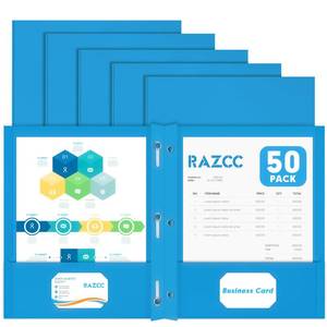 lot 19486 image: Two Pocket Folders, RAZCC 50 Pack Two Pocket Folders with Prongs, 3 Prong Folders Fit Letter Size Paper, Pocket File Folders for School Office Home Business, Blue - Retail $25
