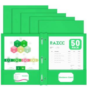 lot 19487 image: Two Pocket Folders, RAZCC 50 Pack Two Pocket Folders with Prongs, 3 Prong Folders Fit Letter Size Paper, Pocket File Folders for School Office Home Business, Green - Retail $25