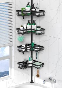 lot 19491 image: DAOYA Corner Shower Caddy Tension Pole - 4 Tier Stainless Steel Rustproof Shower Corner Caddy for Bathtub Bathroom Shower Organizer Shelves Adjustable Pole 25-114.2 Inch Black - Retail $38