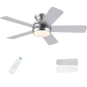 lot 19493 image: POCHFAN 42 Inch Brushed Nickel Ceiling Fans with Lights and Remote, LED Low Profile Flush Mount Ceiling Fan for Bedroom, Living Room, Patio, Quiet DC Motor, 5 Blades - Retail $63