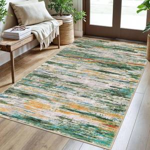 lot 19503 image: SIILOOM 3x5 Green Teal Orange Multi Modern Abstract Rug for Farmhouse, Super Soft Washable Rug with Non-Slip, Low-Pile Indoor Door Area Rugs for Living Room Nursery Bedroom, Carpet with Non-Shedding - Retail $20