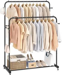 lot 19505 image: Laiensia Double Rods Garment Rack with Wheels, Clothing Rack for Hanging Clothes,4 Hooks, Multi-functional Bedroom Clothes Rack, Black - Retail $26