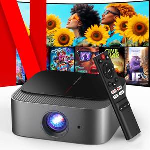 lot 19512 image: 2025 Netflix-Licensed  386 Built-in Apps DBPOWER E2 Smart Projector with WiFi and Bluetooth, Mini Projector 4K Support with Netflix, Youtube, Disney, Hulu, Max, Crunchyroll w Portable Case - Retail $130