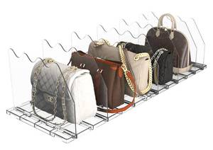 lot 19514 image: ZORCOR Adjustable Shelf Divider for Closet, Acrylic Purse Organizer for Closet, Handbag Separators and Storage, Bookshelf Dividers for Bedroom, Office, Clear - Retail $19