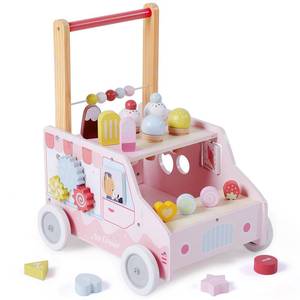 lot 19520 image: labebe Wooden Baby Walker, Push Activity Walker for Kids 12M, Multifunctional Ice Cream Cart Activity, Adjustable Speed Learning Walking with Wheels, Birthday Gift for Girls Boys Ages 1-3 (Pink) - Retail $54