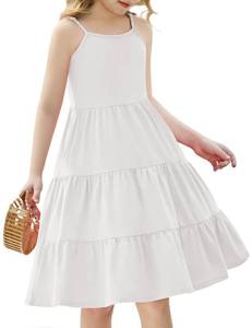 lot 20158 image: Arshiner Big Girls Summer Sundress Boho Strap Casual Sleeveless Tiered Swing Cami Dresses with Pockets for 9-10 Years White - Retail $13