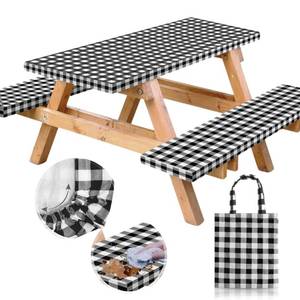 lot 20159 image: RNOONY Vinyl Fitted Picnic Table Cover with Bench Covers and Bag, 6ft Outdoor Waterproof Windproof Tablecloth with Elastic Edges. Camping RV Gear Campers Must Have 72x30 Inches 4 Pcs Set (Black) - Retail $25