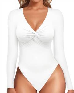 lot 20163 image: MANGOPOP Bodysuits for Women Deep V Neck Twist Knot Fitted Long Sleeve Bodysuit Basic Tops Casual T Shirts, White, Medium - Retail $26
