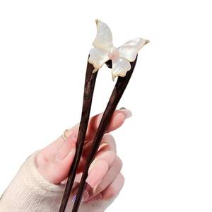 lot 20167 image: Handmade Wooden Hair Pin �� U-Shaped Hair Fork with Natural Seashell Butterfly Design, French Hair Pins Clips for Women, Elegant Pearl Accent for Updos & Bun Styling 1P - Retail $13