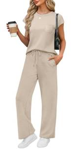 lot 20172 image: WIHOLL Vacation Outfits for Women 2 Piece Sets Crew Neck Summer Lounge Set Womens Loungewear Cruise Airport Outfits Beach Vacation Clothes Wide Leg Pants Resort Comfy Sets for Women Clothing Beige L - Retail $37