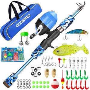 lot 20187 image: ODDSPRO Kids Fishing Pole - Kids Fishing Starter Kit - with Tackle Box, Reel, Practice Plug, Beginners Guide and Travel Bag for Boys, Girls - Retail $31