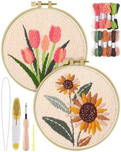 lot 20194 image: ERKOON Punch Needle Kit Adults Beginners, 2 Pcs DIY Easy Flower Embroidery Set for Starter Art Craft, Needling Punching Project with Patterns, Tools, Yarns, Hoop, Instruction (Sunflowers & Tulips) - Retail $22