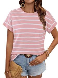 lot 20225 image: LilyCoco Womens Striped Shirt Short Batwing Sleeve Tops Crew Neck Casual Loose Fit Tee Pink Stripe X-Large - Retail $15