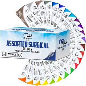 lot 20242 image: Mixed Sutures Thread with Needle (Absorbable Chromic Catgut Non-Absorbable Nylon, Silk, Polyester, Polypropylene) - Surgical Wound Practice Kit, Emergency First Aid Demo (2-0, 3-0, 4-0, 5-0) 24PK - Retail $15