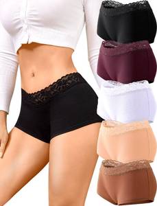 lot 20254 image: FINETOO Cotton Underwear for Women Boy Shorts Lace Boxer Briefs Soft Full Coverage Womens Panties 5 Pack S-XXL Brown - Retail $13