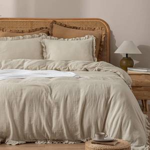 lot 10267 image: PHF 100% Natura Cotton Muslin Ruffle Duvet Cover Set King Size, Ultra Soft Breathable Absorbent, Luxurious Minimalist Gauze Bedding for All Season, Duvet Set with 2 Pillow Shams, 104 x 90, Linen - Retail $93