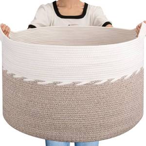 lot 10268 image: OIAHOMY 125L Extra Large Blanket Basket, 25 x 16, Jumbo Laundry Hamper, Cotton Rope Basket with Handles for Living Room,Baby Toy Storage Bins, Brown - Retail $40