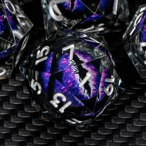 lot 10269 image: ARUOHHA DND Resin Dice Dragon Eye Dice Liquid Core Purple Sharp Edged Dice Set with Gift Box, Dungeons Polyhedral D and D Dice Set Compatible with D&D Role Playing Game D20 D12 D10 D8 D6 - Retail $28