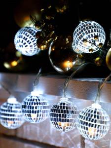 lot 10270 image: BBTO LED Disco Ball String Light Battery Powered Mirror Balls Ornaments for Outside Backyard Porch 70s 80s Disco Party Supplies(1.57 Inch,Silver White) - Retail $10